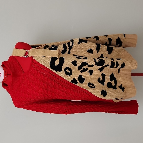 Womens Ribbed Cable knit Red and Leopard Print one shoulder Pullover turtleneck - Picture 1 of 10